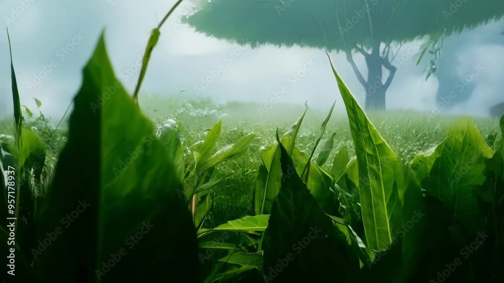 Poster lush green leaves are towering over a field of wildflowers, creating a mysterious atmosphere in a ma