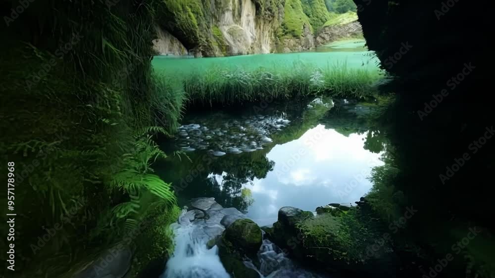 Poster rushing river flows through a moss covered cave entrance to a secluded lake in a magical fantasy for