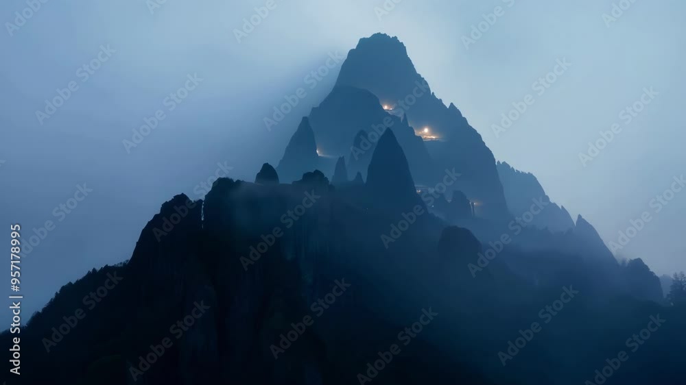 Poster Majestic mountain peak is shrouded in fog and illuminated by the soft glow of twilight, creating a mysterious and ethereal atmosphere