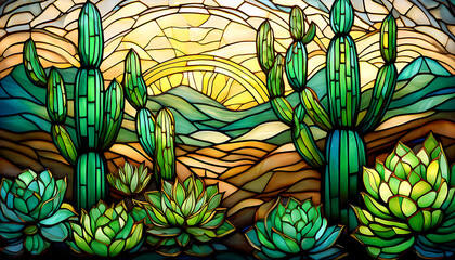 Stained glass depicting green cacti in the desert; flat lay