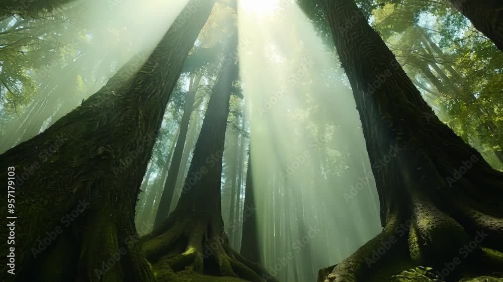 Poster sunbeams gently break through misty forest canopy, casting magical light on moss covered roots of an