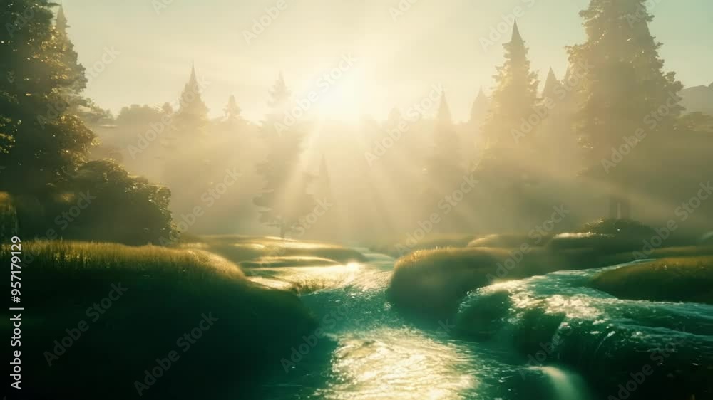 Poster Sunlight pierces through fog in a magical forest with a river flowing gently. Enchanting and mysterious scene in green landscape