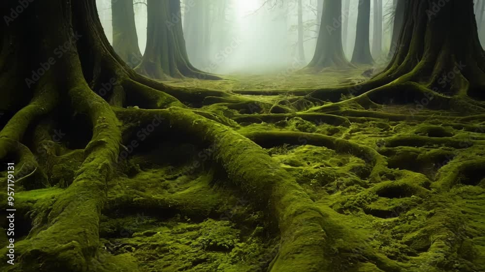 Aufkleber gnarled roots of a giant tree are covered with vivid green moss, creating a mystical and enchanting 