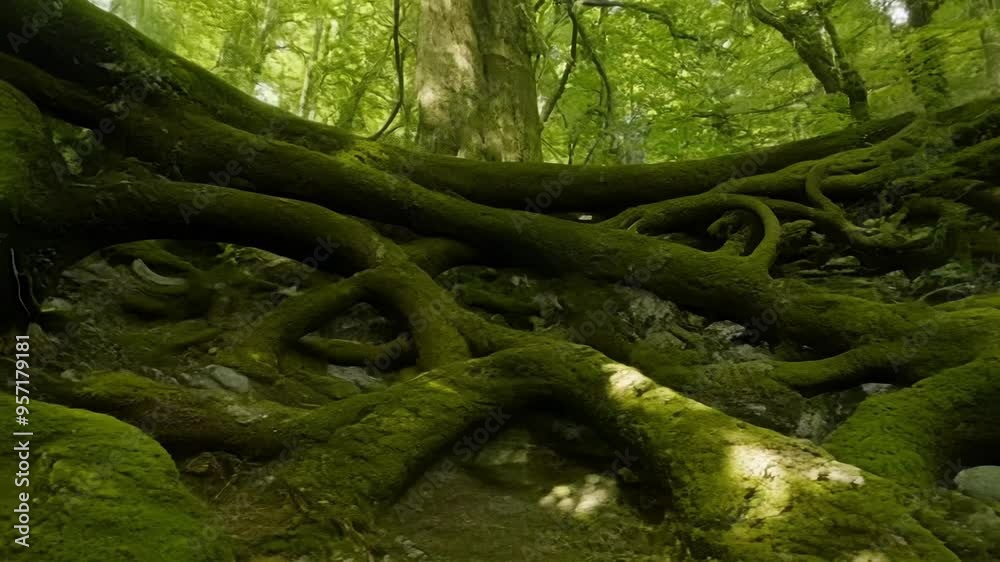 Poster beams of sunlight illuminate a magical forest scene of moss covered tree roots. the ethereal light c