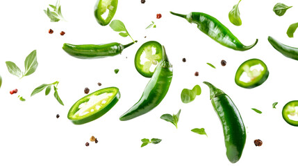 Green Chili Peppers and Black Peppercorns in mid air isolated on Background.