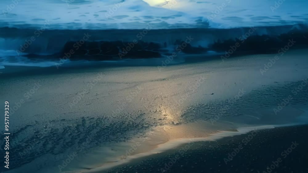 Poster The sun shines on wet sand with a receding wave, creating mesmerizing light and bubbles. Water glistens under golden rays, reflecting nature's beauty on a serene shoreline