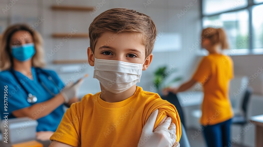 Poster nurse giving a vaccination shot to a child while a parent holds the childs hand for support in a cal