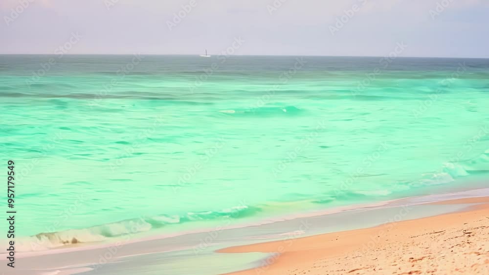 Poster Capturing turquoise ocean waves gently crashing on a sandy beach with a sailboat sailing on the distant horizon