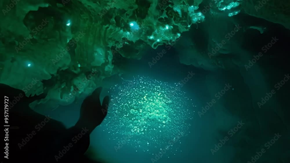Aufkleber diver is exploring a mystical underwater cave with glowing water and rock formations, creating a mag