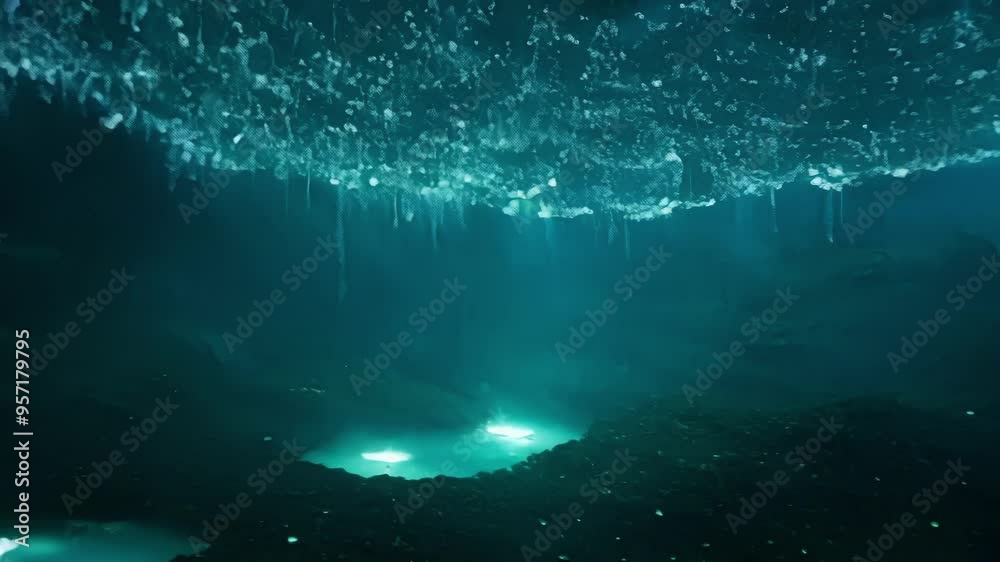 Poster glowing bioluminescent organisms are illuminating a mysterious dark underwater cave. the light creat