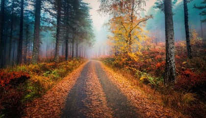 Obraz premium Sendero rústico en medio de un bosque profundo de otoño