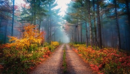 Obraz premium Sendero rústico en medio de un bosque profundo de otoño