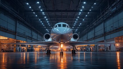 Private jet airplane at the huge white hangar waiting for maintenance and repair jobs. Expensive and luxury trip is waiting after a passengers. Business jet prepared for departure. Luxury life