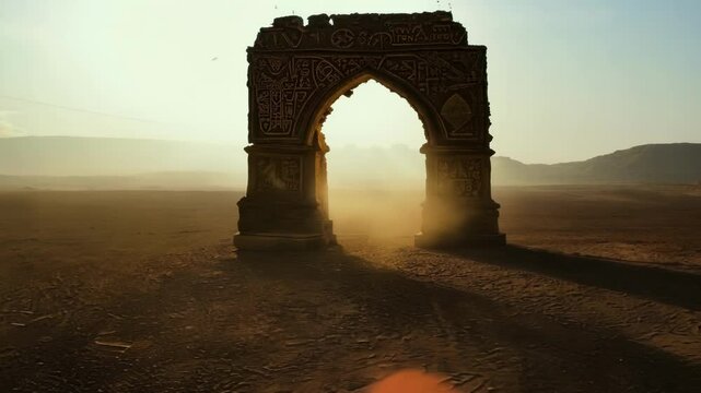 Ancient stone arch stands proudly in a vast desert landscape, illuminated by the rising sun, exuding mystery and magic. Weathered by time, it invites exploration of a rich history and culture