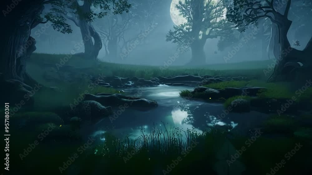 Aufkleber mysterious forest at night with a full moon casting a soft glow, creating an eerie and enchanting at