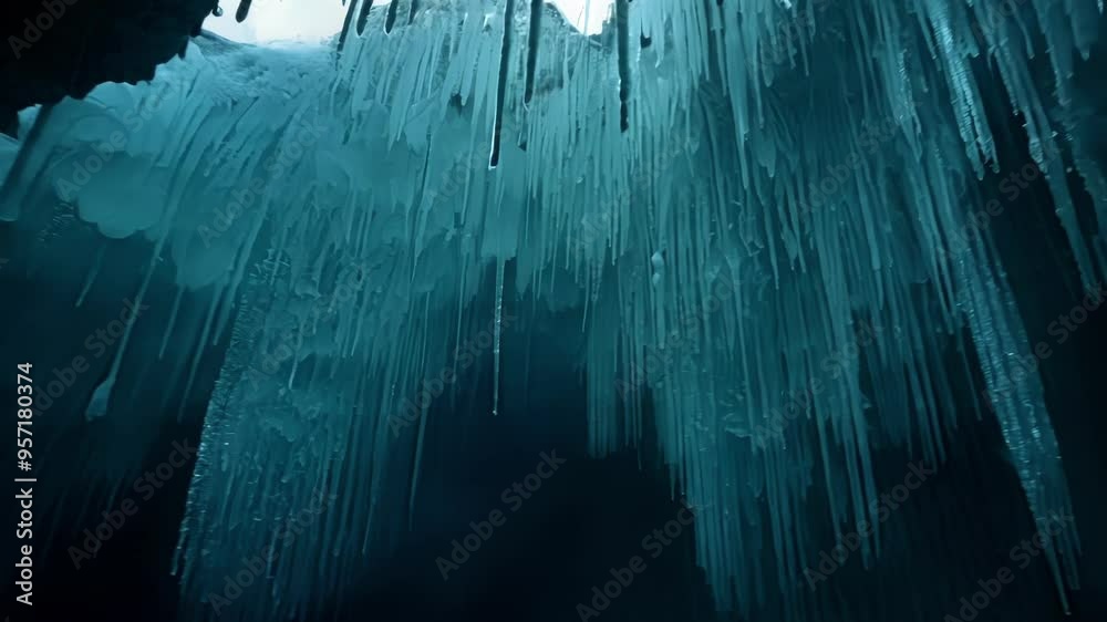 Poster Turquoise ice formations hang from the ceiling of a dark cave, creating a captivating pattern. The frozen stalactites glisten in the dim light, adding magic to the underground world