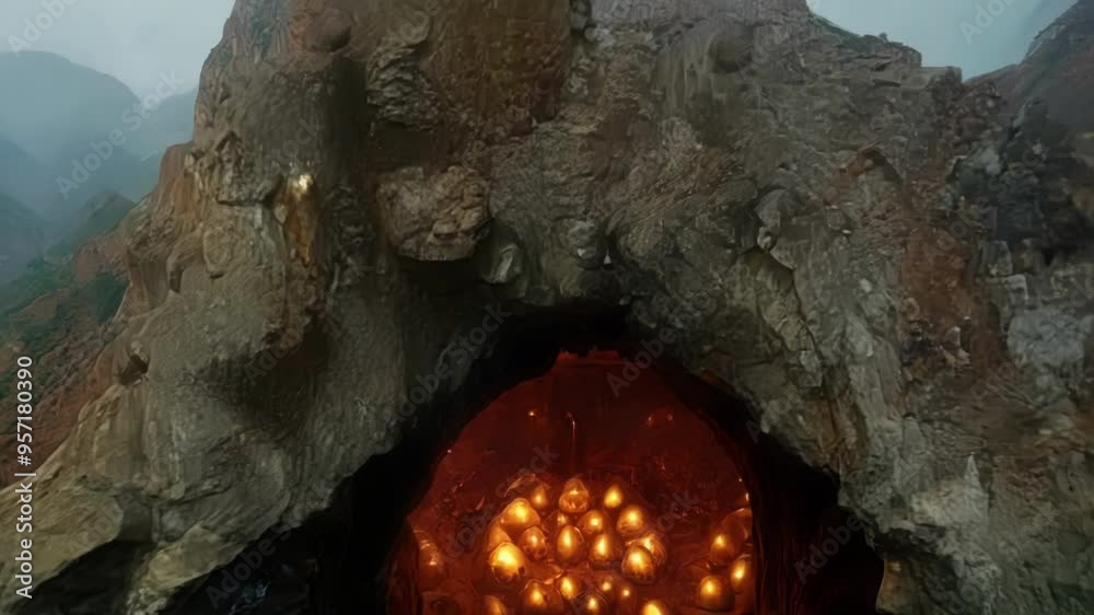 Poster Giant natural arch is creating a passage through a mountain peak, opening to a mysterious red glowing light in a valley