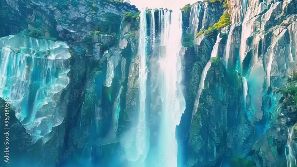 Poster water plunges down from a cliff top, creating a turquoise pool at the bottom of this majestic waterf