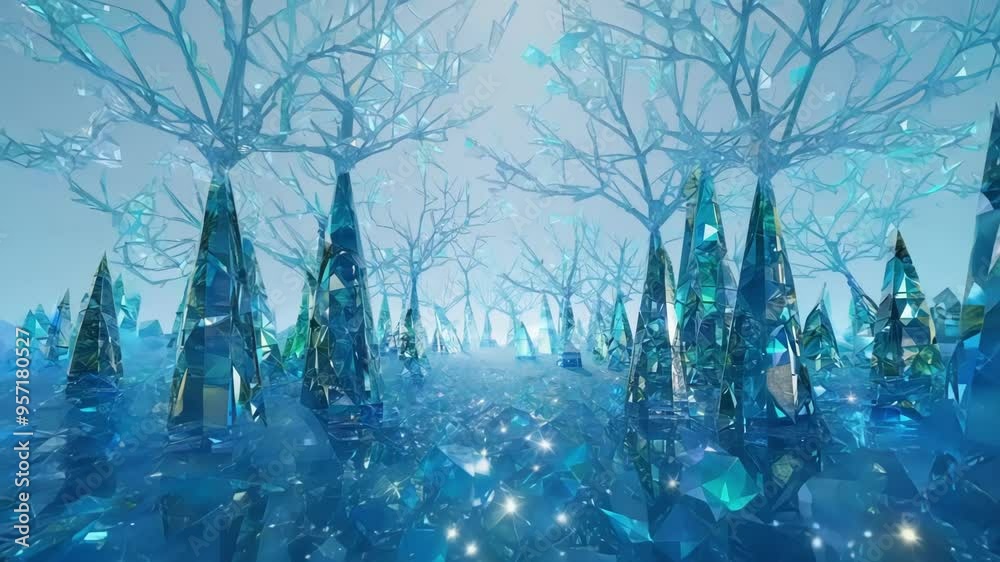 Poster pathway winding through a crystal forest with light blue crystals glowing under a blue sky, creating