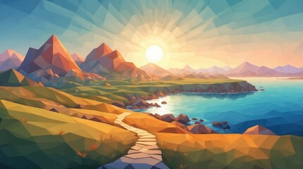 Wallpaper mountains, sea and islands in low poly style