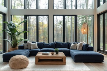 Fototapeta premium Contemporary Living Room with Navy-Blue Sofa and Rustic Charm
