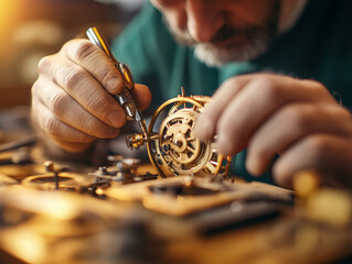 Restoring an antique clock, skilled worker focuses on intricate details with precision and care. craftsmanship shines through in this delicate process.
