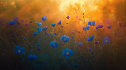 Fototapeta premium Nigella flowers in the field at sunset in spring