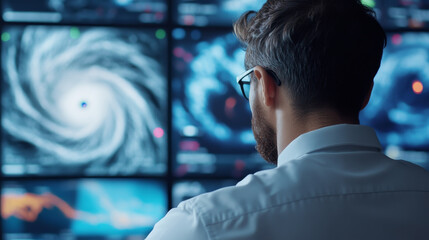 Meteorologist analyzing Doppler radar data, observing hurricane patterns on multiple screens.