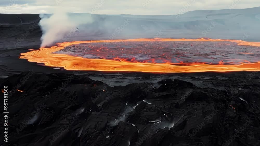 Poster Witness the awe inspiring sight of molten lava erupting from a volcano. Creating a fiery lake surrounded by billowing smoke and ash
