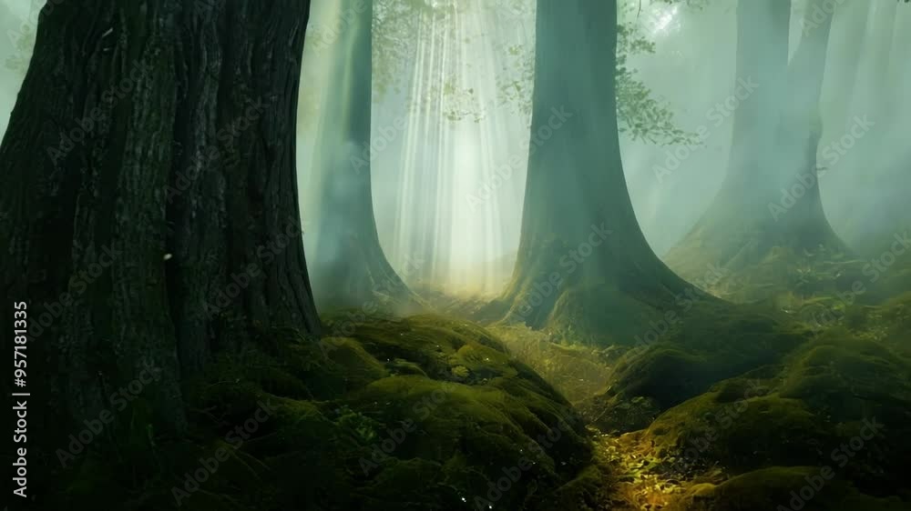 Poster Sunbeams gently illuminate a winding path in a foggy forest, creating a magical and mysterious atmosphere with lush greenery and ethereal enchantment
