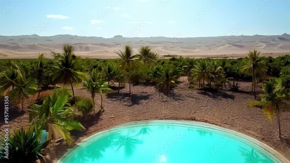Poster Dense grove of palm trees thrives in the heart of a vast desert, showcasing the resilience of nature and the possibility of life in harsh environments