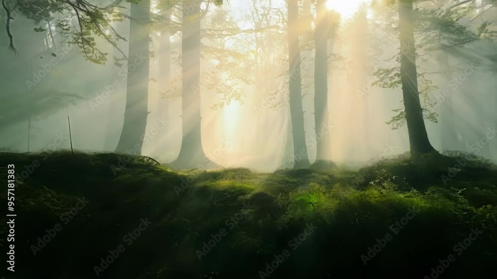Poster sunlight beams through misty forest, casting magical glow on lush greenery below, creating tranquil 