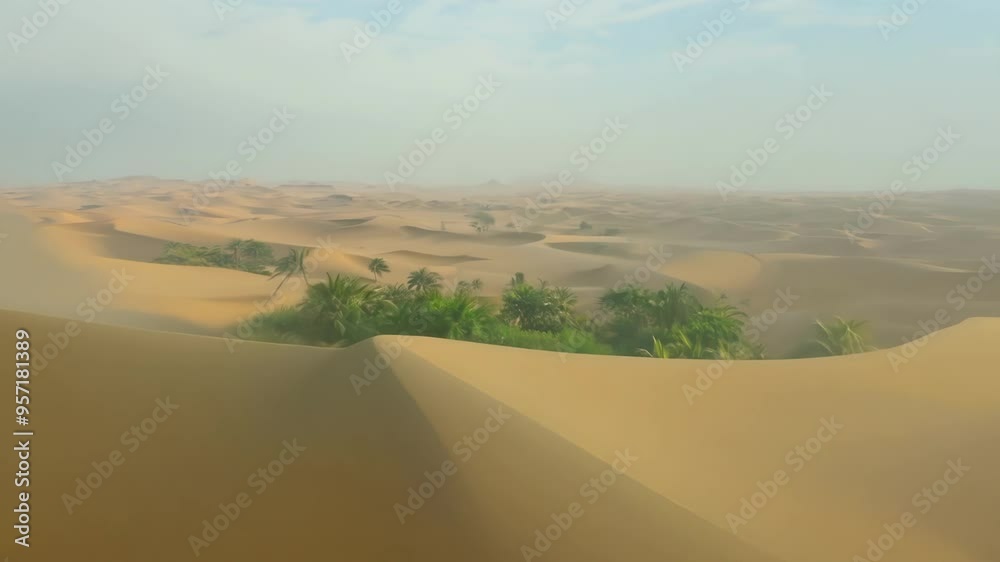 Aufkleber Serene desert scene with hazy dunes, blowing sand, and distant trees invites exploration and adventure in a remote and peaceful setting