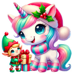 Adorable Christmas-themed unicorns adorned with festive accessories, surrounded by gifts, holiday decorations, and Christmas trees, perfect for seasonal celebrations, Christmas Pegasus PNG