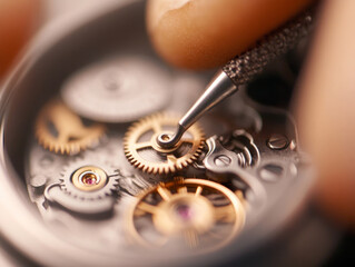 Restoring an old watch, close up view of intricate gears and mechanisms, showcases delicate craftsmanship involved in watch repair.
