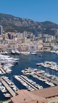 slow panning shot city skyline monaco, blue sea boats vibrant coastal environment architecture city slow panning shot scenic view monaco landmarks cityscape monaco architecture