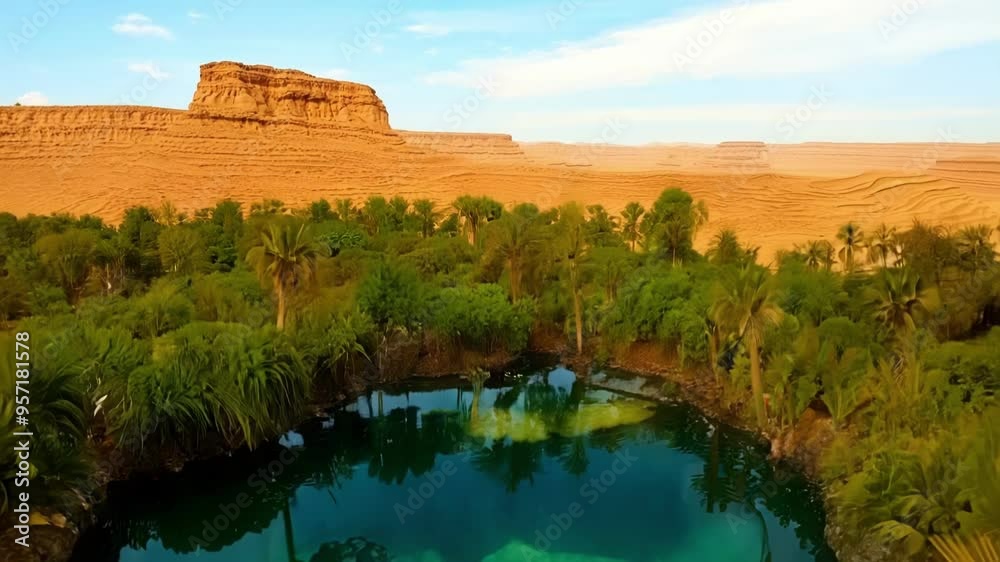 Poster lush green oasis flourishing in the middle of a vast desert with golden sand dunes, creating a strik