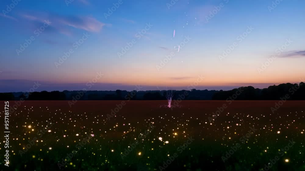 Poster Mesmerizing sunrise paints the sky and dew covered field in hues of orange and blue, creating a magical scene of wonder and awe