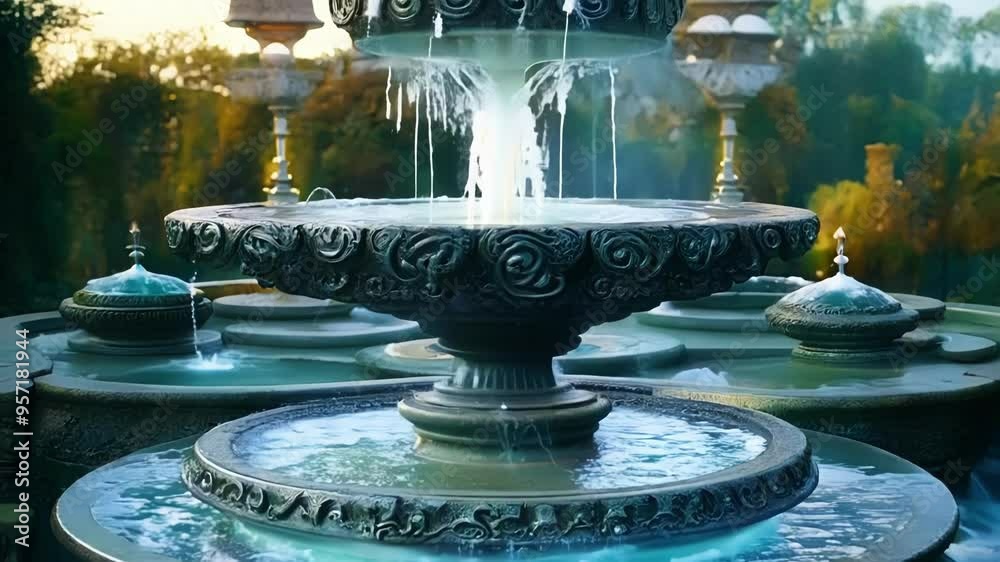 Poster Water gushing from a multi tiered fantasy fountain decorated with intricate carvings and surrounded by a mysterious atmosphere