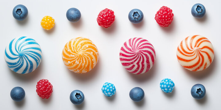  Multicolored candies and berries seamless pattern on a white background
