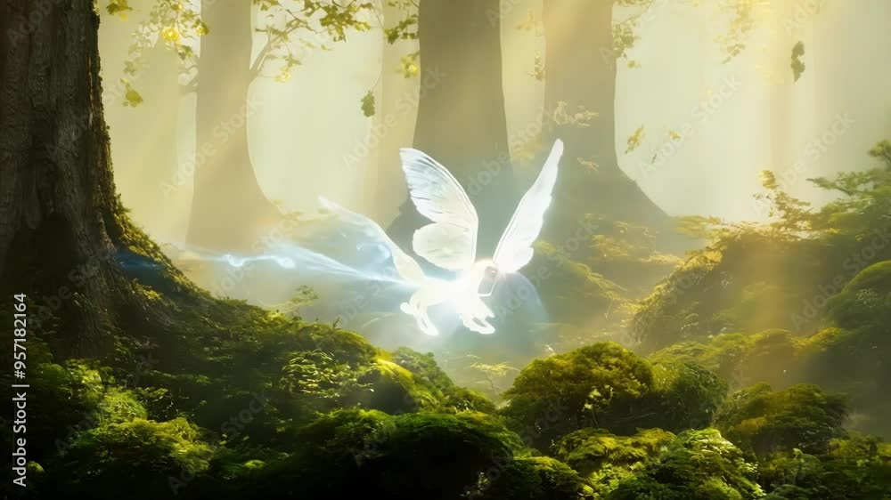 Poster glowing fairy flies through an enchanted forest at dawn, illuminating the moss covered ground and an
