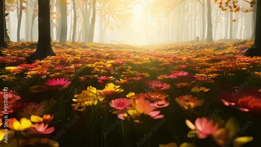 Poster Bright light is shining down on a field of flowers growing in the middle of a forest, illuminating the colorful petals