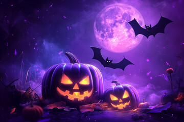 Obraz premium Halloween pumpkin on purple scary background with bats and full moon 
