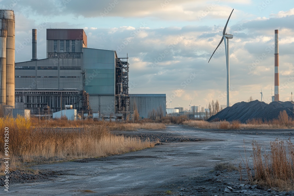 Aufkleber old factories stand near closed coal mines, while wind turbines symbolize the shift towards sustaina