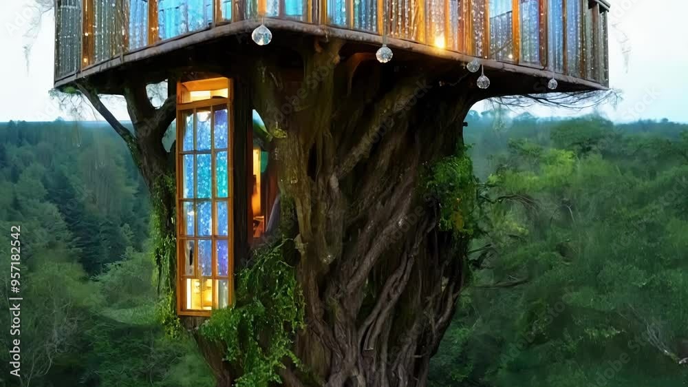 Poster Glowing tree house is nestled in the branches of a giant tree in a lush forest, creating a magical and enchanting atmosphere