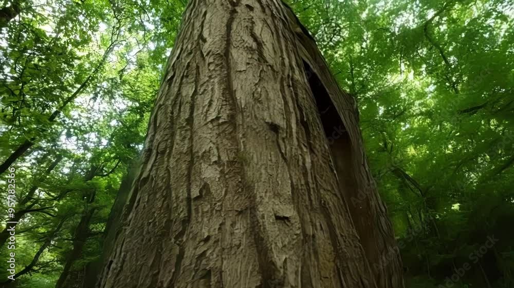 Aufkleber Sunlight filters through the forest canopy, illuminating the textured bark of a tall tree, evoking awe and wonder, inviting viewers to connect with nature's beauty