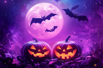 Fototapeta premium Halloween pumpkin on purple scary background with bats and full moon 