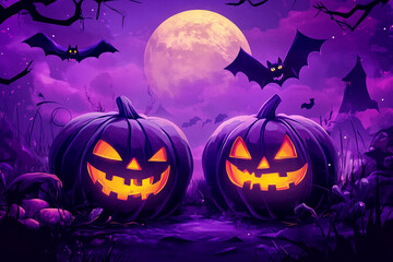 Halloween pumpkin on purple scary background with bats and full moon 