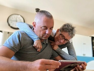 A diverse couple is sitting at the table, a man showing something on a tablet to the woman. Young couple sitting looking at the tablet. Couple sitting at the dining table with tablet ok hand.