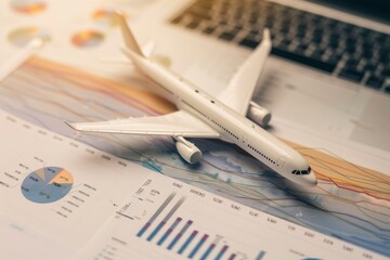 A model airplane rests on financial charts and a laptop, symbolizing the intersection of aviation and business analytics.